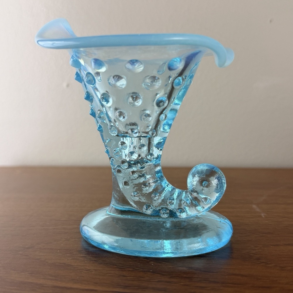 Vintage Fenton Blue Hobnail Art Glass Cornucopia Vase Toothpick Holder Fenton
